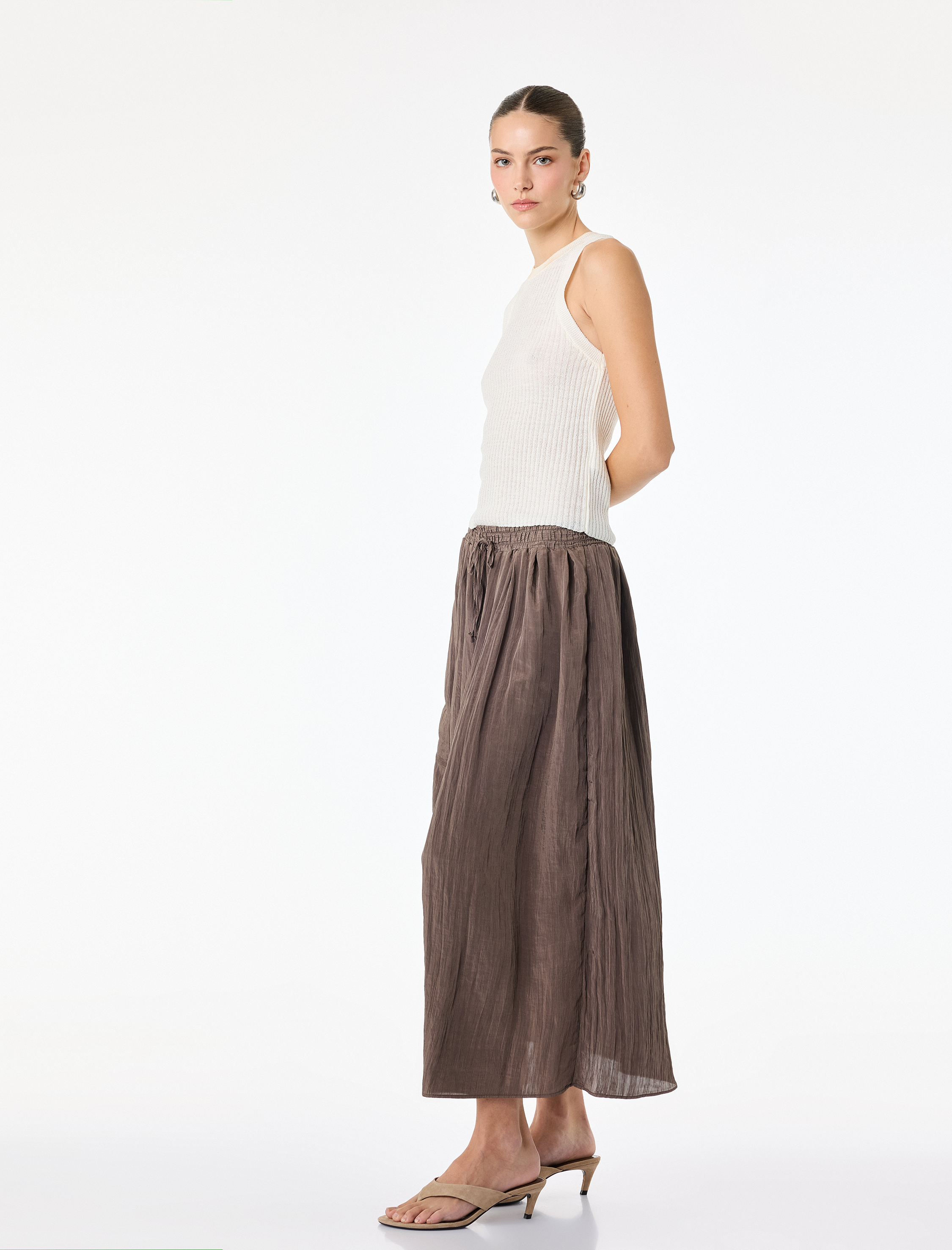   Beli Bağlamalı Çan Kesim Midi Saten Kraş Etek