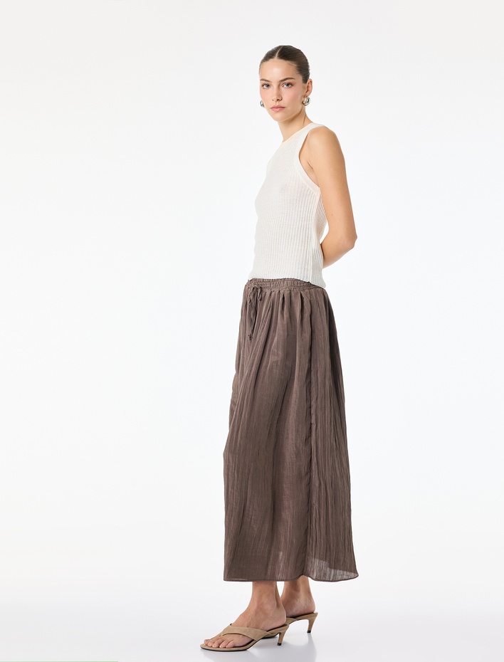  Beli Bağlamalı Çan Kesim Midi Saten Kraş Etek