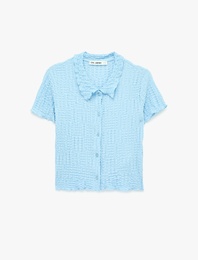 Klasik Yaka Düğmeli Bürümcük Dokulu Kısa Kollu Tişört