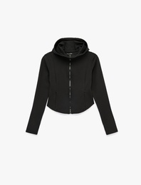 Kapüşonlu Uzun Kollu Cep Detaylı Fermuarlı Spor Sweatshirt