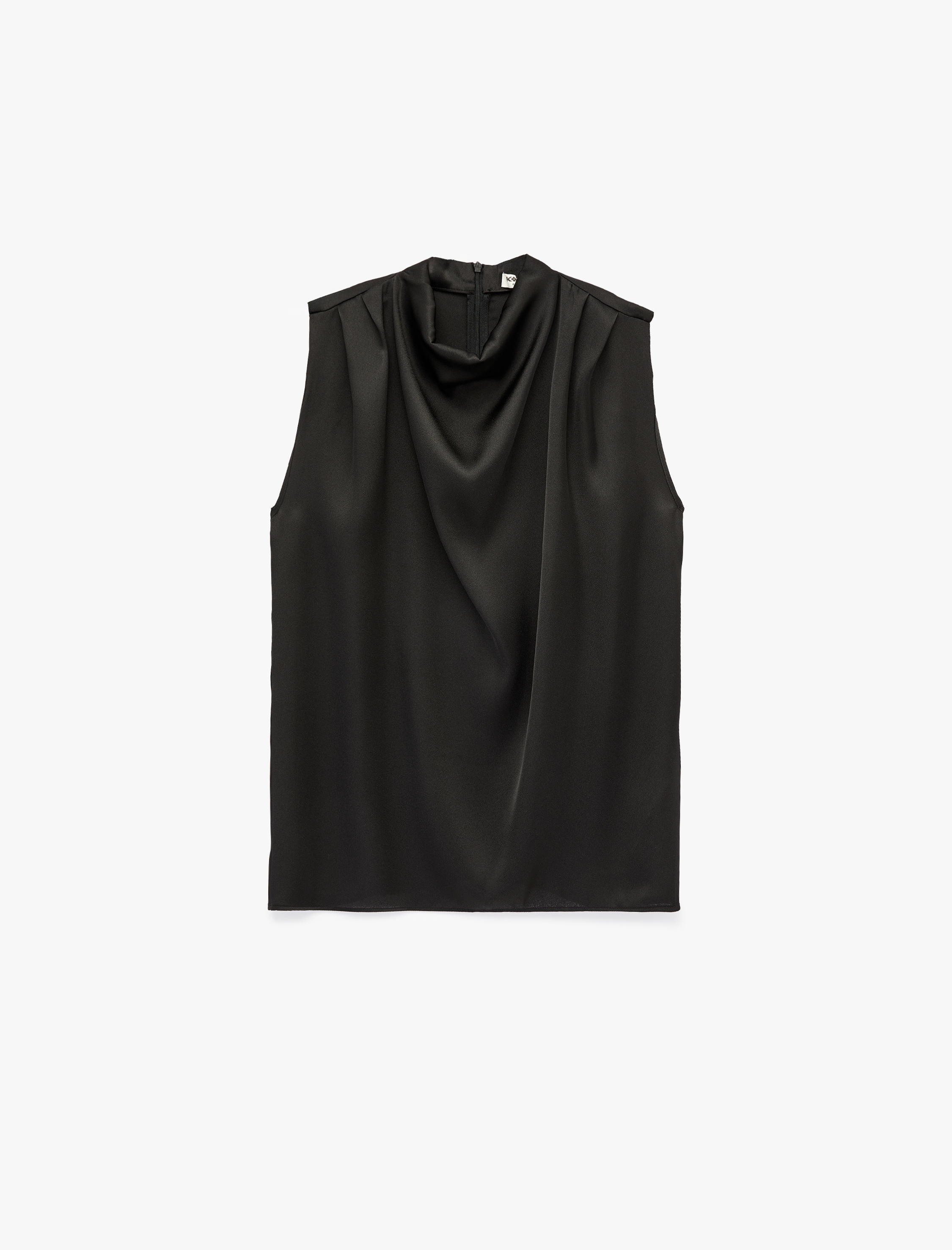   Dik Yaka Kolsuz Drape Detaylı Saten Bluz