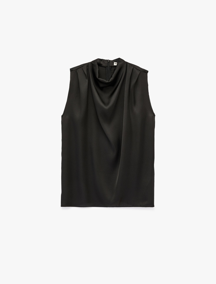  Dik Yaka Kolsuz Drape Detaylı Saten Bluz