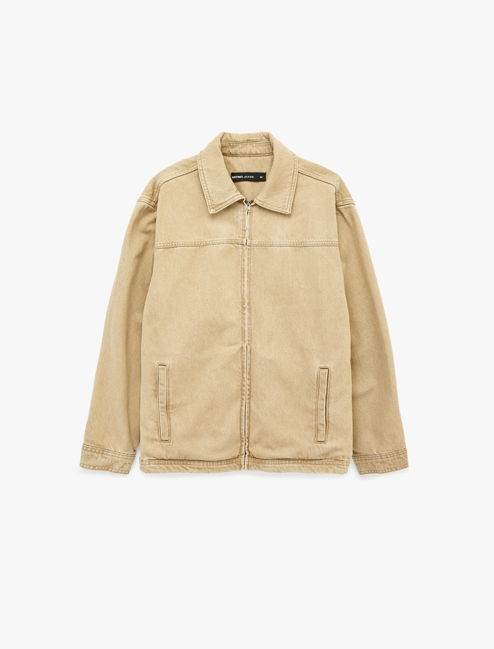  Regular Fit Klasik Yaka Cepli Pamuklu Fermuarlı Jean Gömlek Ceket