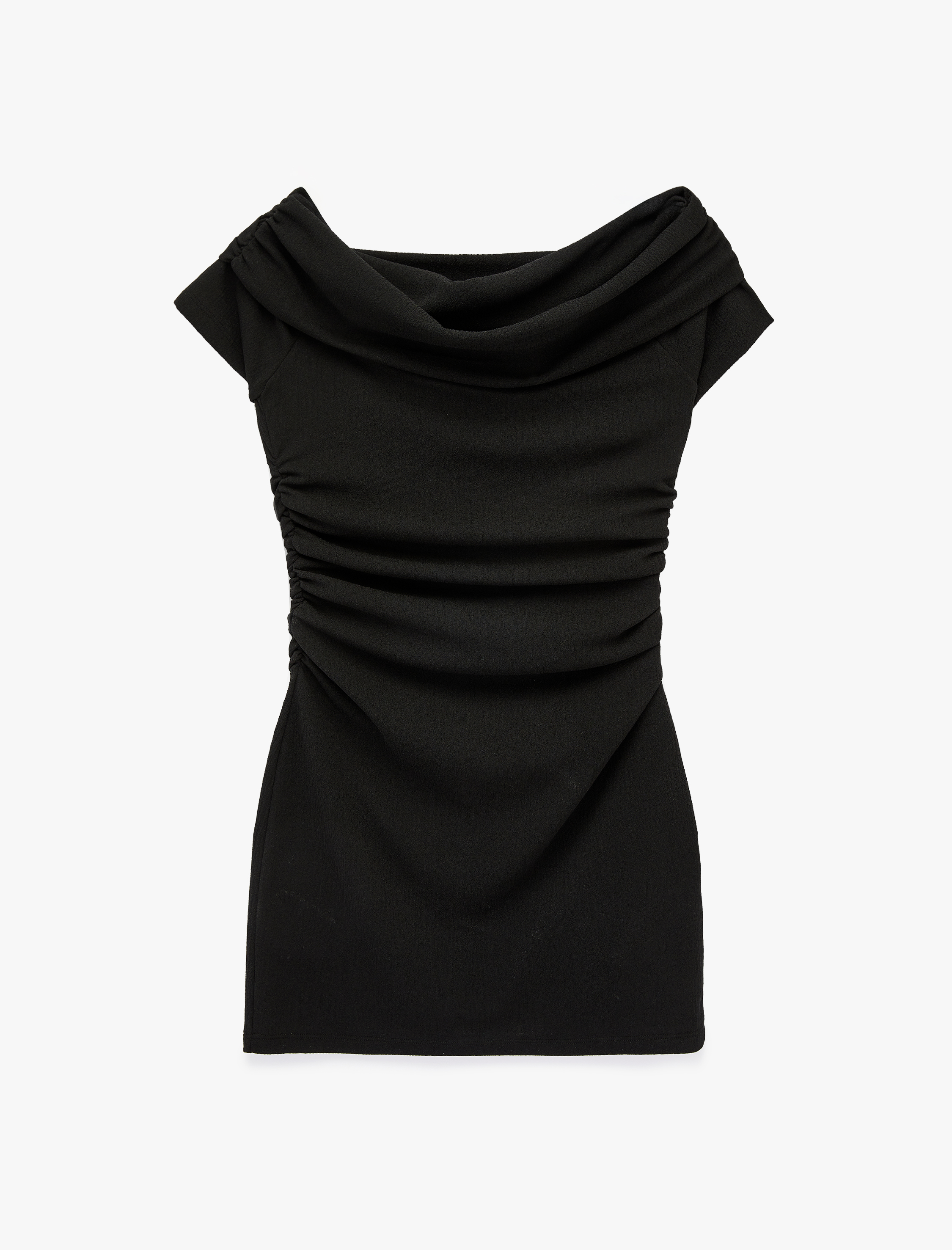   Drape Detaylı Kolsuz Omzu Açık Madonna Yaka Mini Krep Elbise