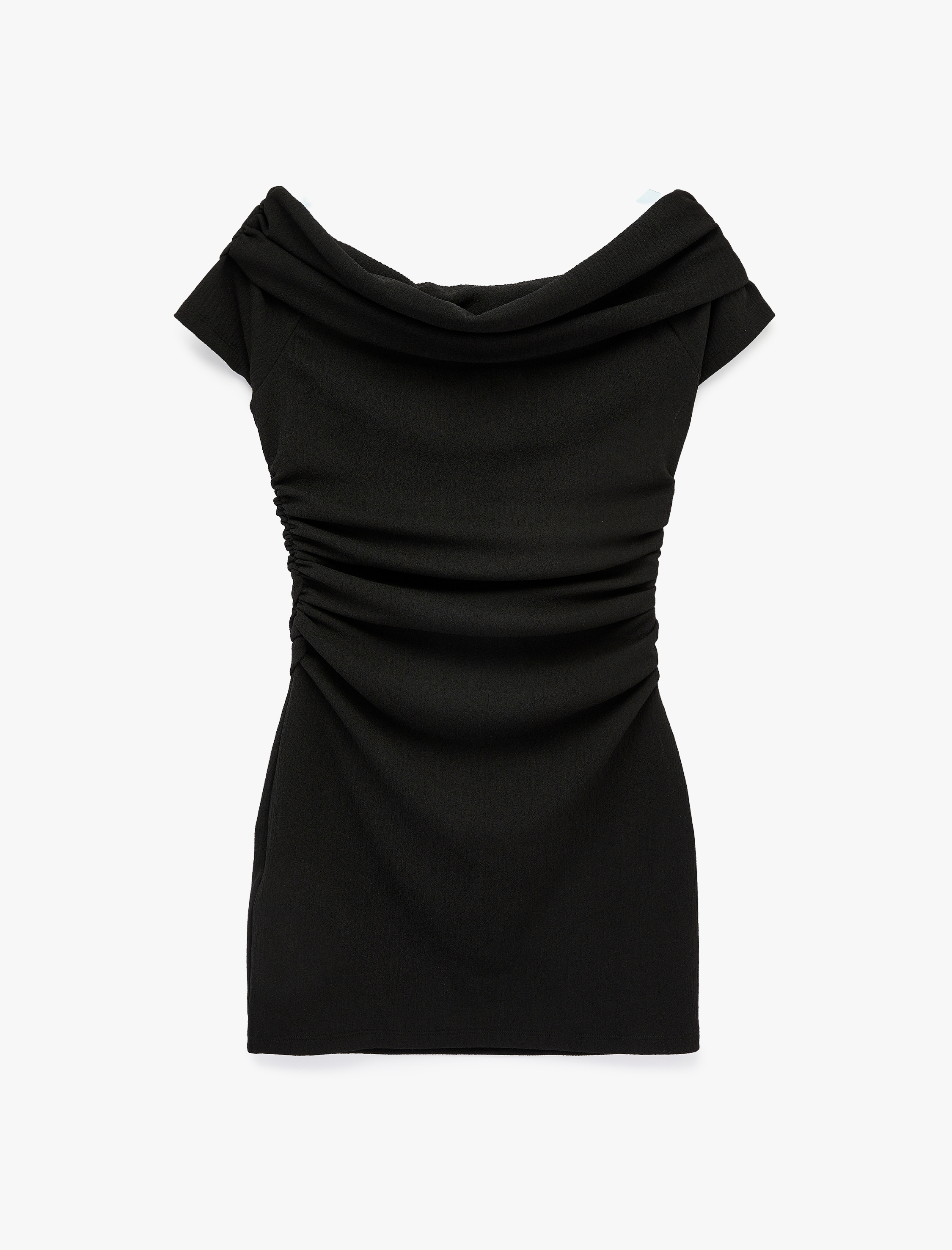   Drape Detaylı Kolsuz Omzu Açık Madonna Yaka Mini Krep Elbise