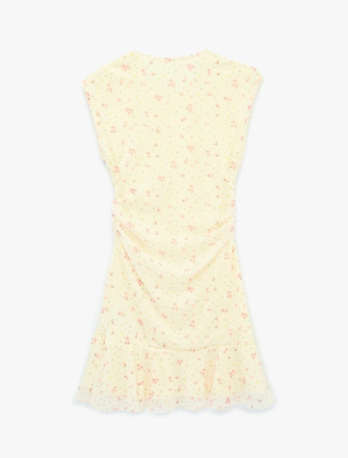  Kolsuz Bisiklet Yaka Drapeli Çiçekli Mini Elbise