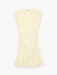 Kolsuz Bisiklet Yaka Drapeli Çiçekli Mini Elbise