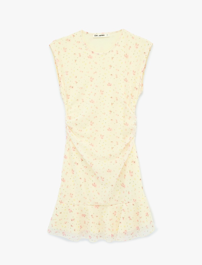  Kolsuz Bisiklet Yaka Drapeli Çiçekli Mini Elbise