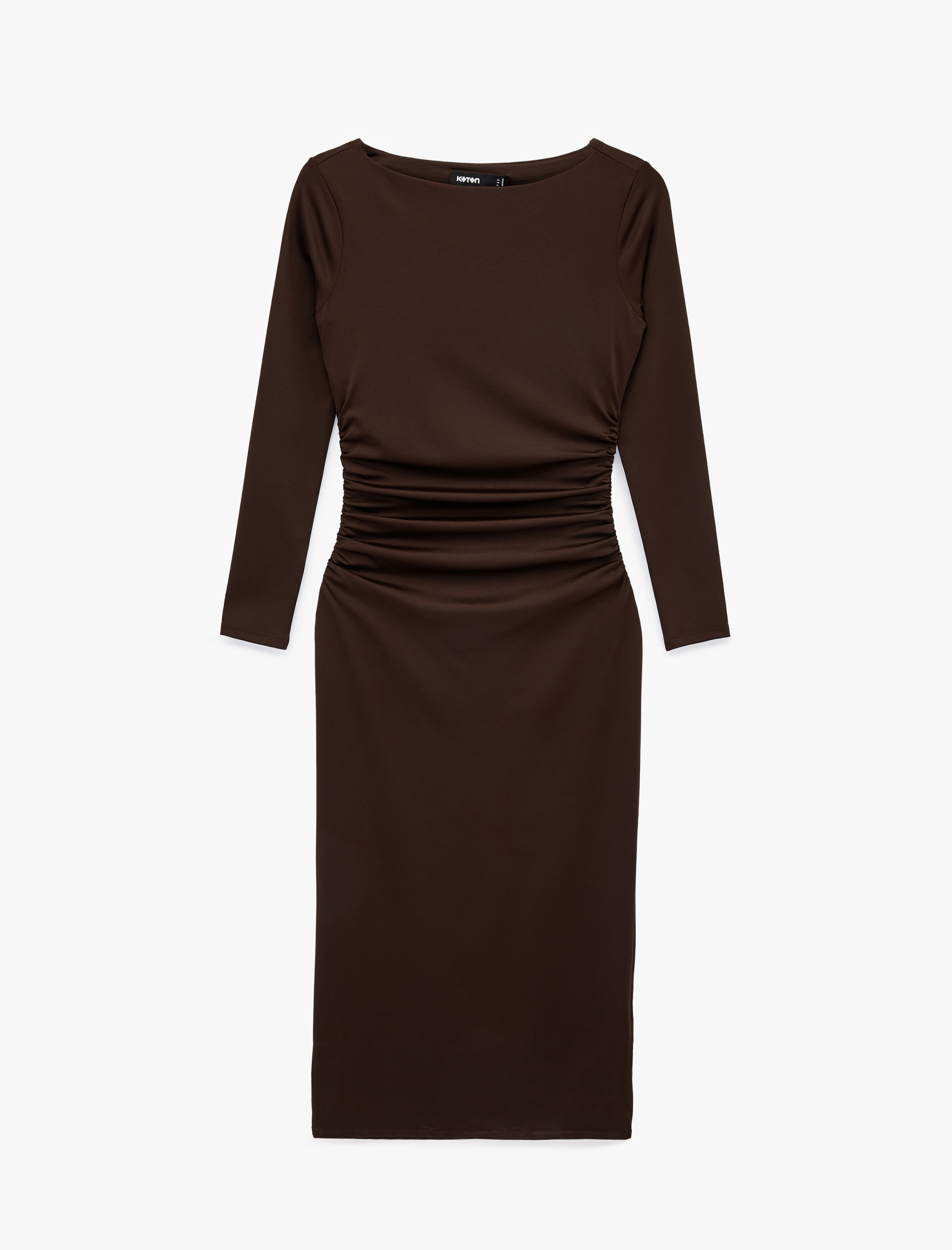   Slim Fit Uzun Kollu Yuvarlak Kayık Yaka Drape Detaylı Kalem Elbise