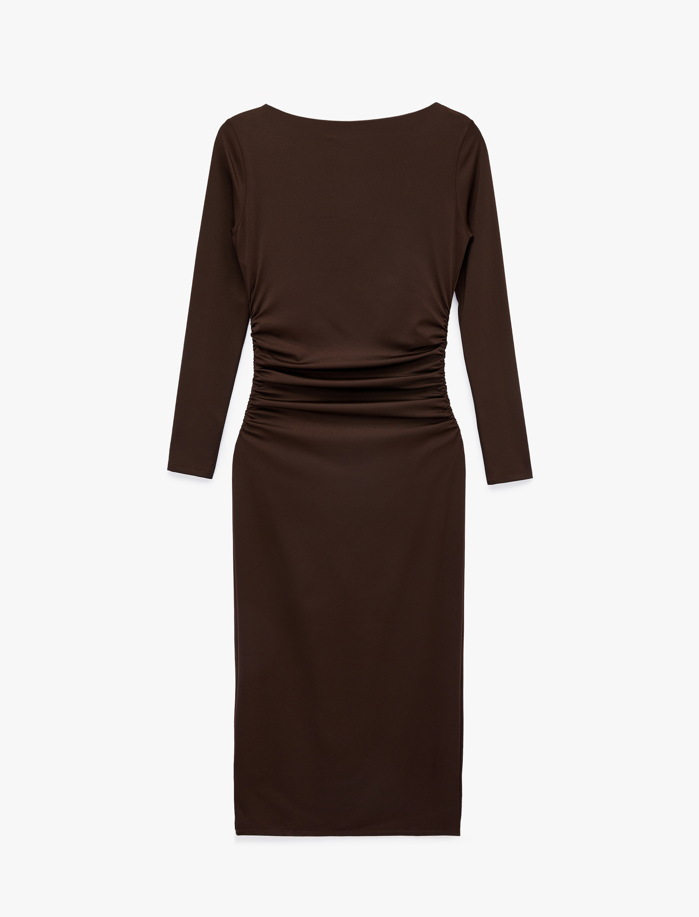   Slim Fit Uzun Kollu Yuvarlak Kayık Yaka Drape Detaylı Kalem Elbise