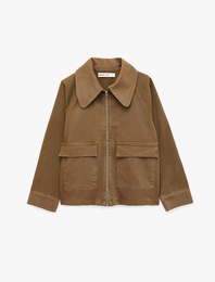 Klasik Yaka Fermuarlı Cep Detaylı Pamuklu Denim Ceket