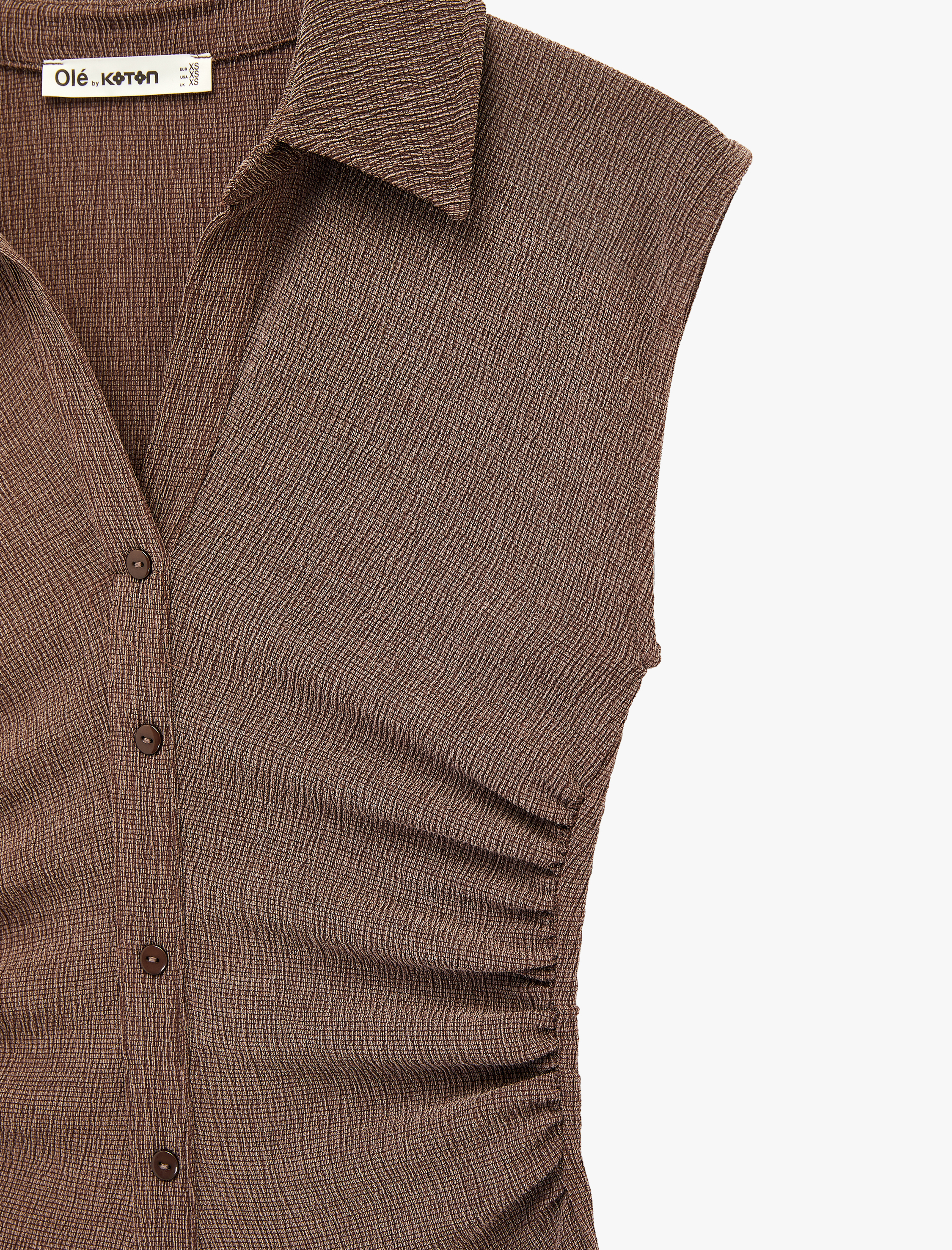   Düğmeli Büzgülü Volanlı Kolsuz Viskon Karışımlı Mini Gömlek Elbise