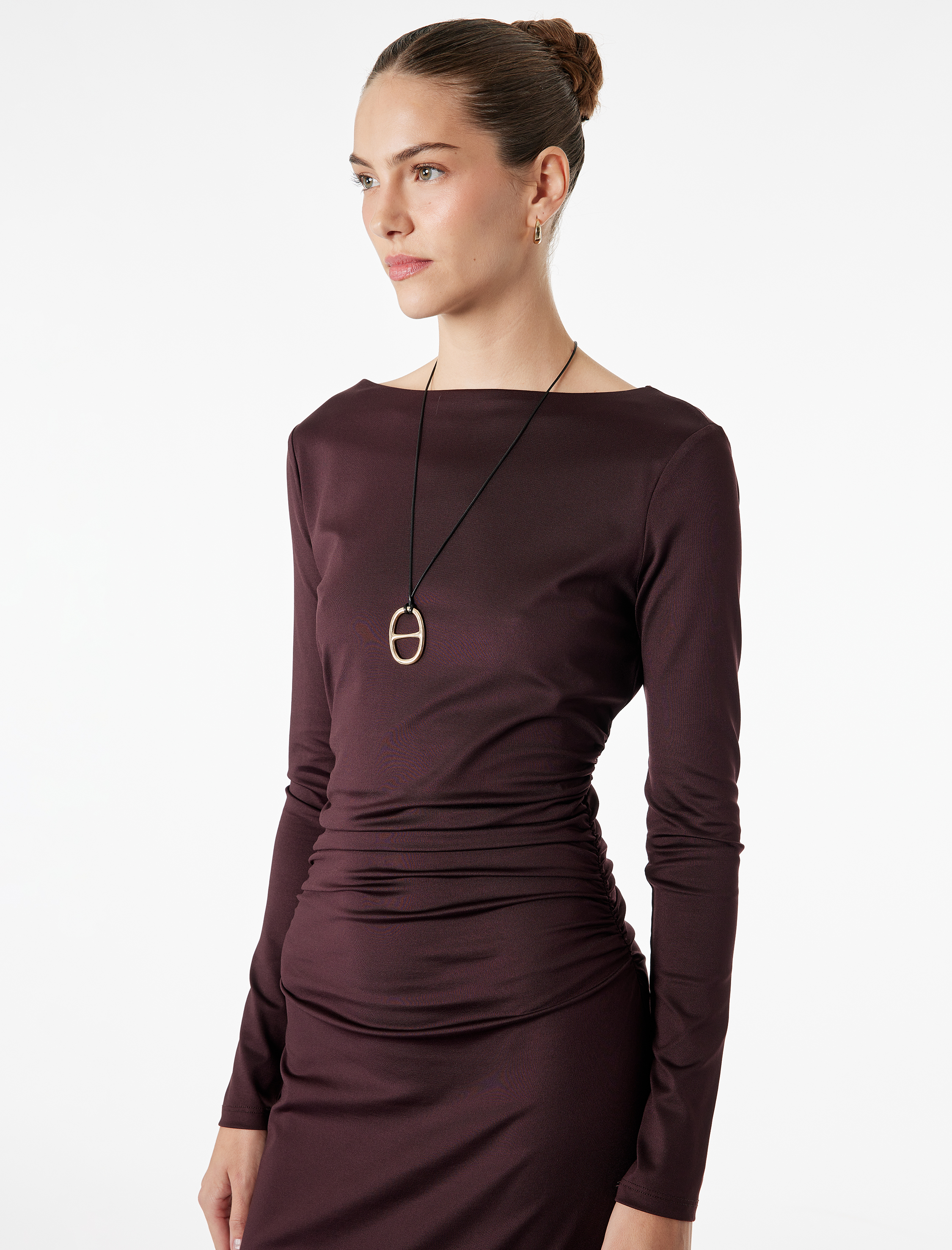   Slim Fit Uzun Kollu Yuvarlak Kayık Yaka Drape Detaylı Kalem Elbise