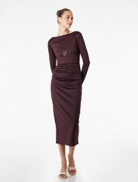 Slim Fit Uzun Kollu Yuvarlak Kayık Yaka Drape Detaylı Kalem Elbise