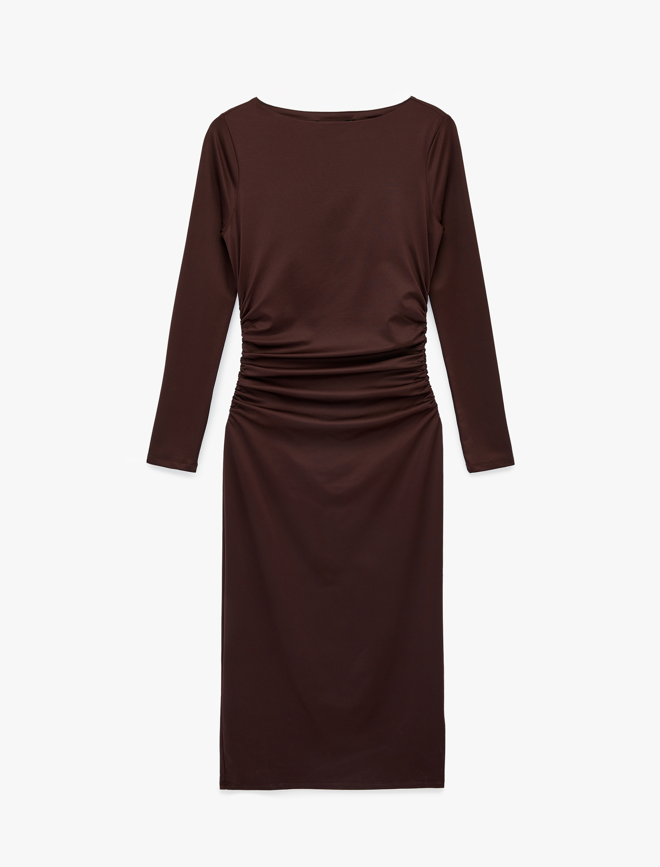   Slim Fit Uzun Kollu Yuvarlak Kayık Yaka Drape Detaylı Kalem Elbise