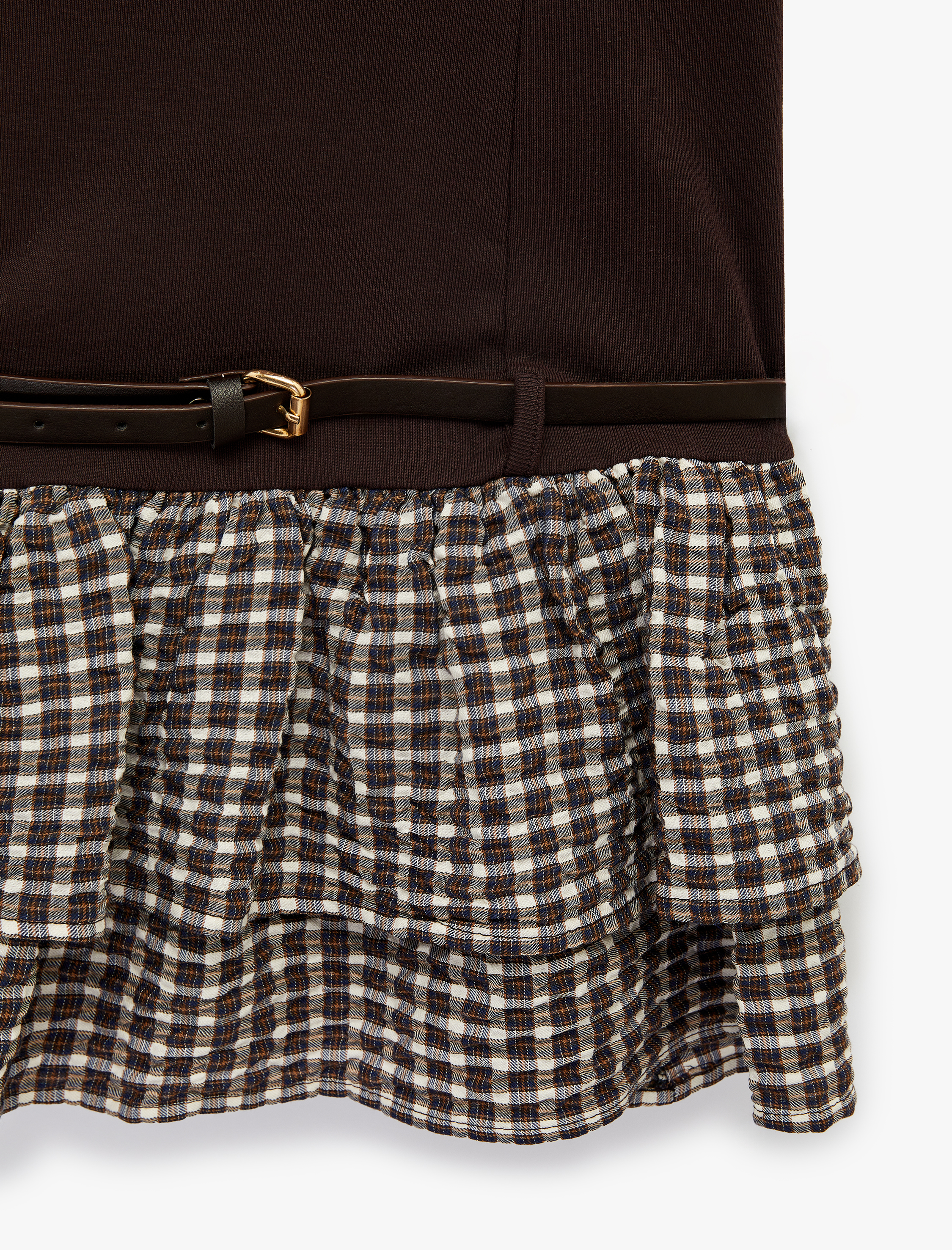   Kolsuz Bisiklet Yaka Bodycon Kemer Detaylı Volanlı Mini Elbise