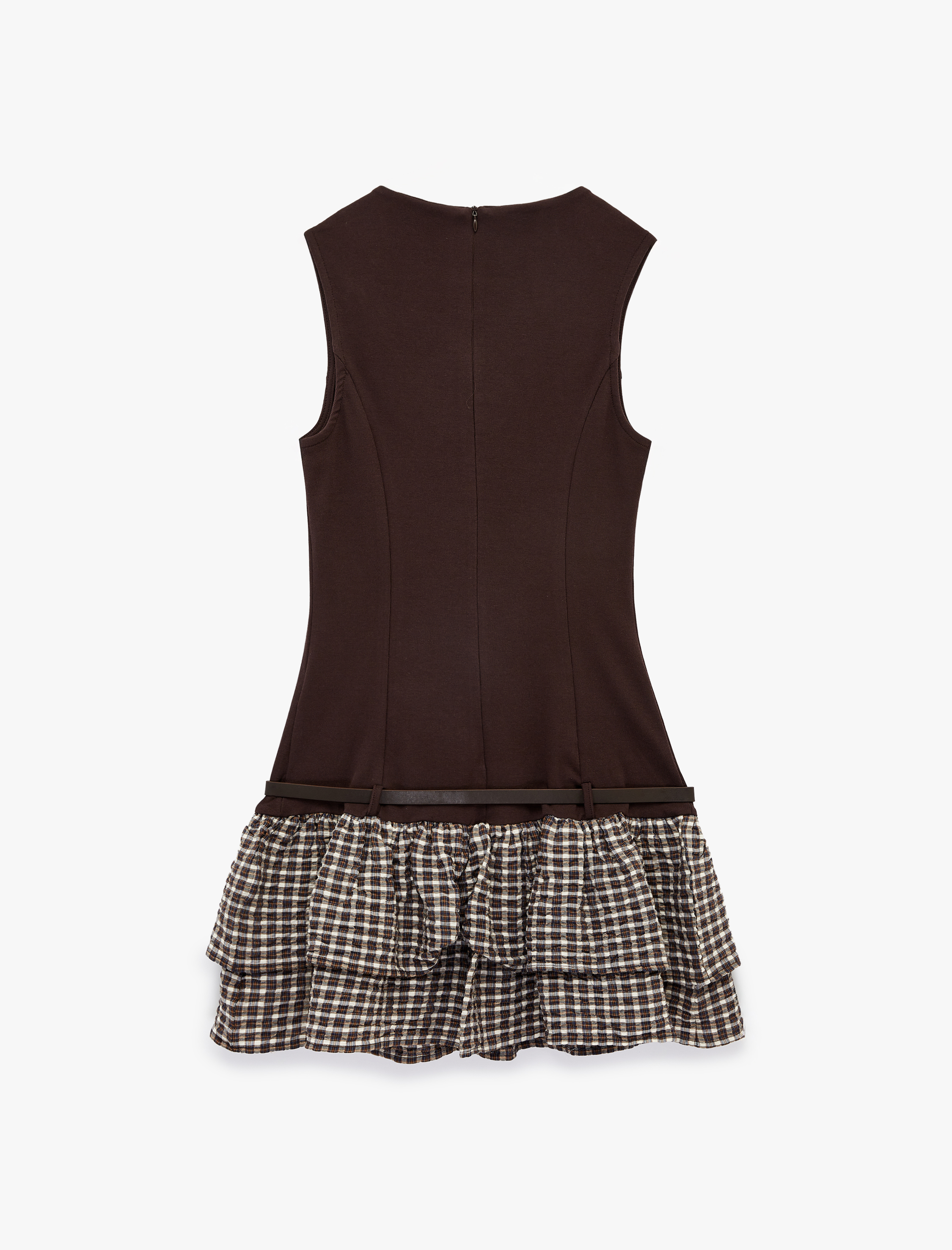   Kolsuz Bisiklet Yaka Bodycon Kemer Detaylı Volanlı Mini Elbise