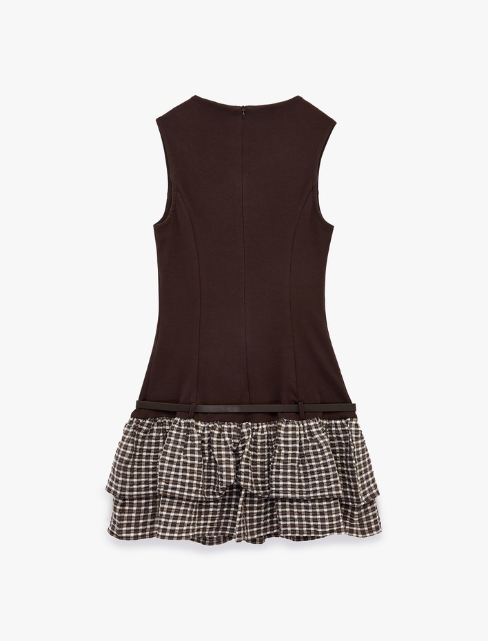  Kolsuz Bisiklet Yaka Bodycon Kemer Detaylı Volanlı Mini Elbise