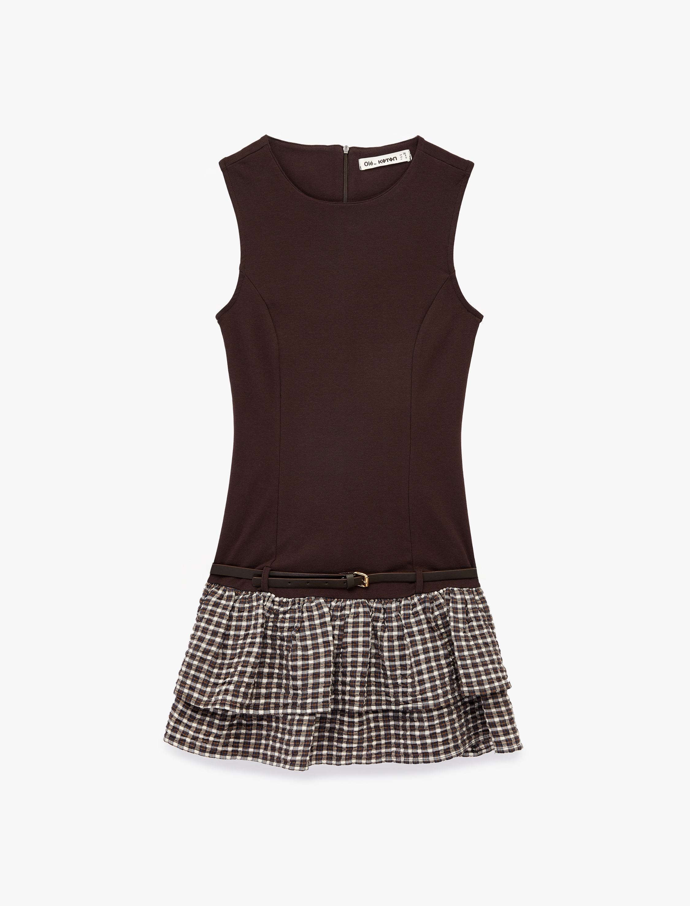   Kolsuz Bisiklet Yaka Bodycon Kemer Detaylı Volanlı Mini Elbise