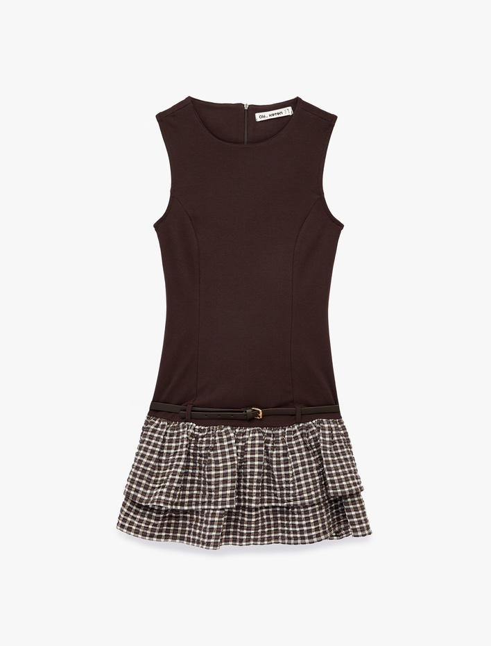  Kolsuz Bisiklet Yaka Bodycon Kemer Detaylı Volanlı Mini Elbise