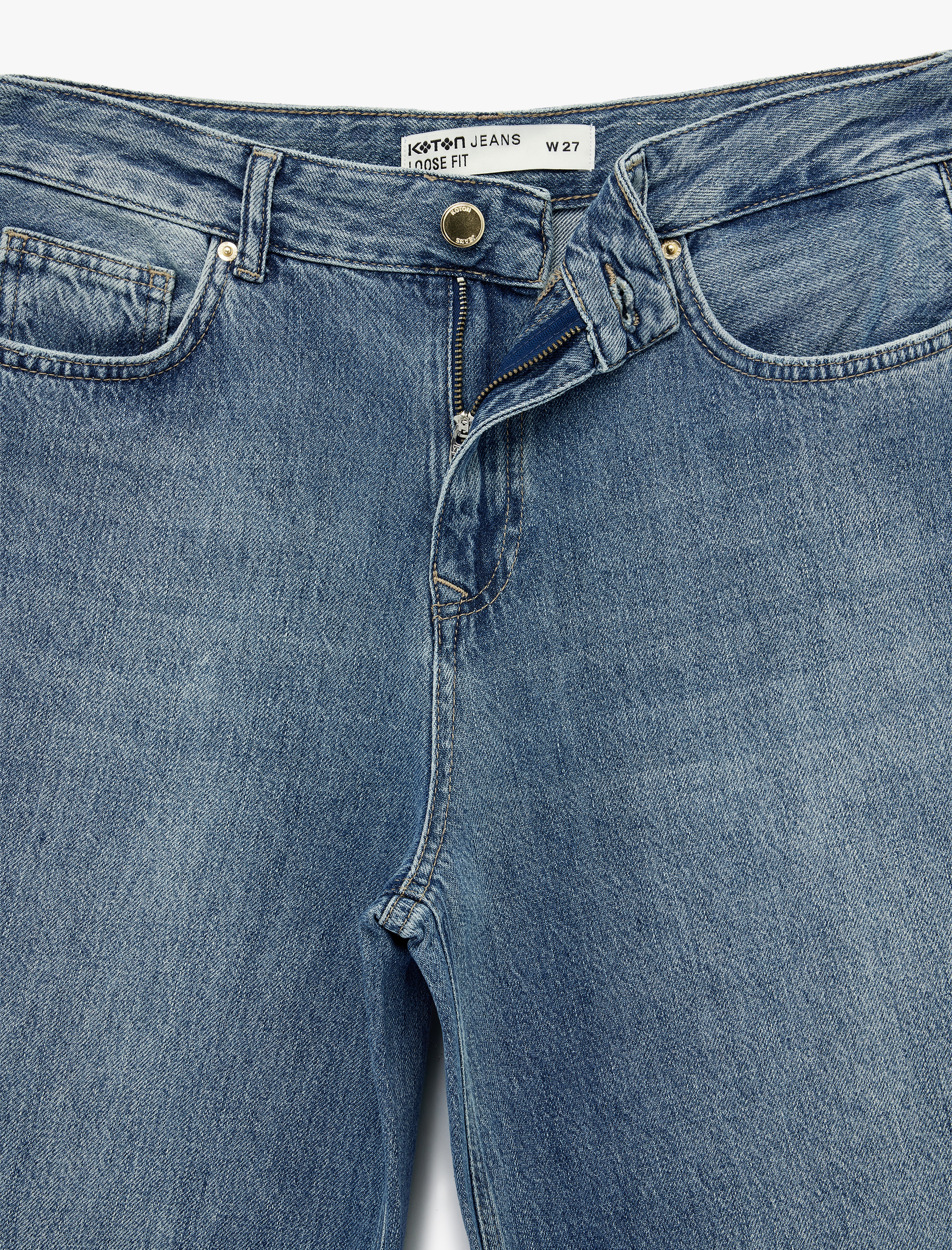   Düğmeli Cep Detaylı Normal Bel Bol Kalıp Denim Pantolon - Loose Straight Fit Jean