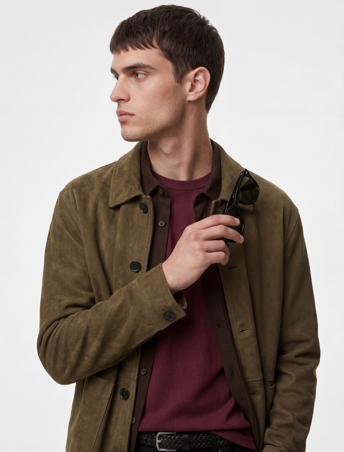  Uzun Kollu Gömlek Yaka Cepli Düğmeli Suni Süet Ceket