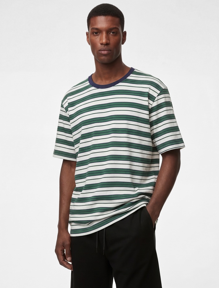  Regular Fit Kısa Kollu Bisiklet Yaka Pamuklu Çizgili Tişört