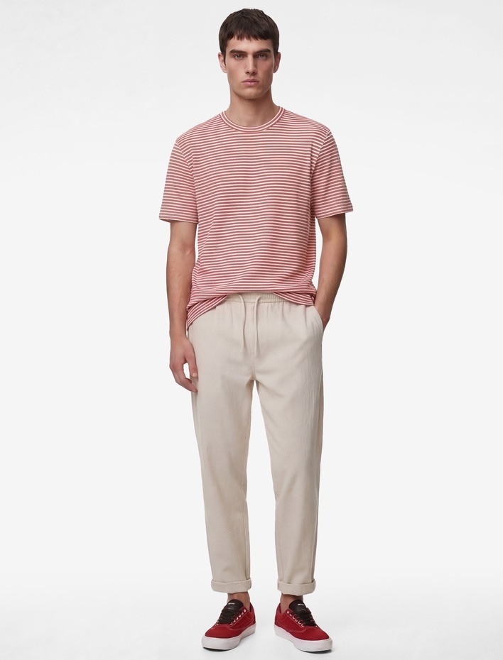  Regular Fit Kısa Kollu Pamuklu Bisiklet Yaka Çizgili Tişört