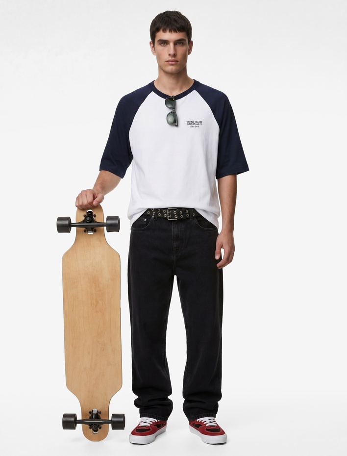  Regular Fit Renk Bloklu Kısa Kollu Bisiklet Yaka Pamuklu Baskılı Tişört