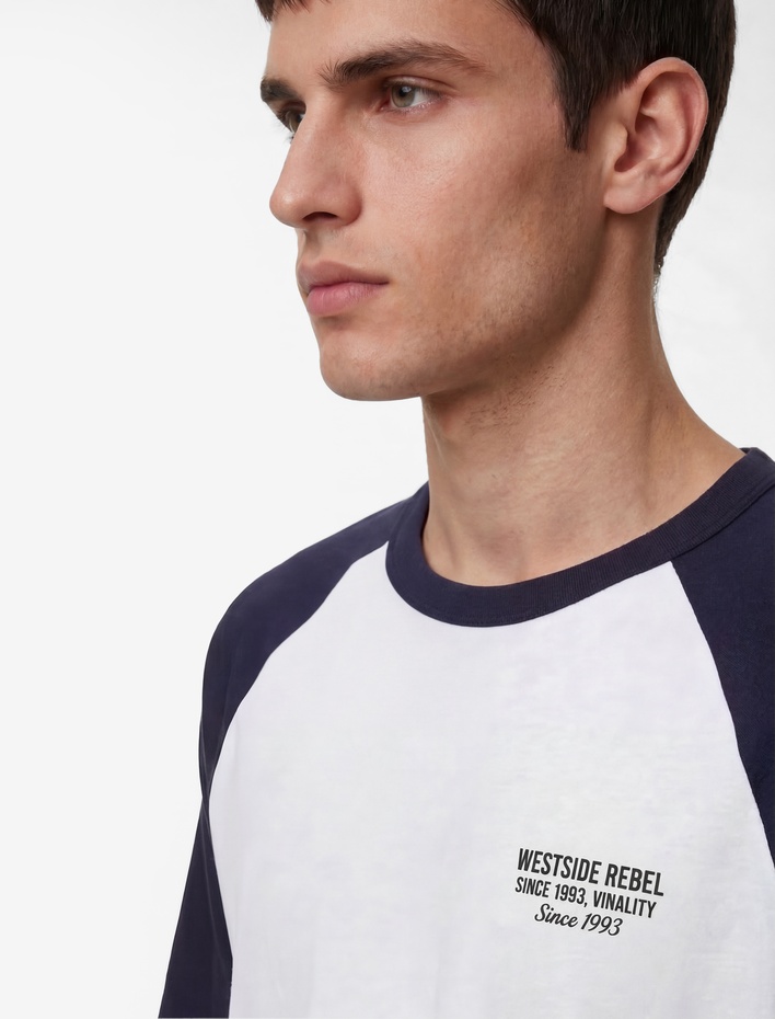  Regular Fit Renk Bloklu Kısa Kollu Bisiklet Yaka Pamuklu Baskılı Tişört