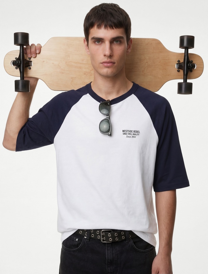  Regular Fit Renk Bloklu Kısa Kollu Bisiklet Yaka Pamuklu Baskılı Tişört