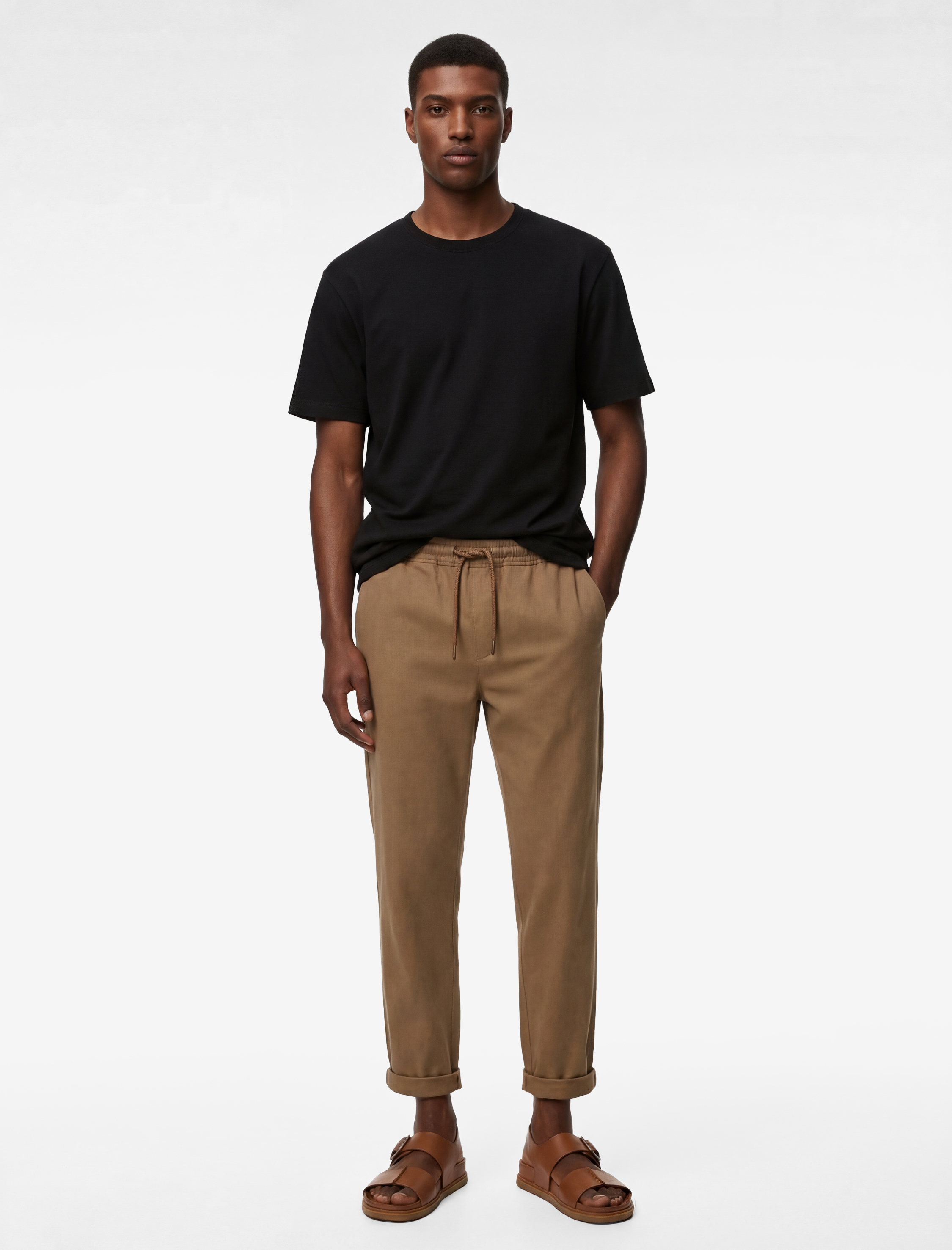 Viskon Cep Detaylı Duble Paça Beli Bağcıklı Pantolon