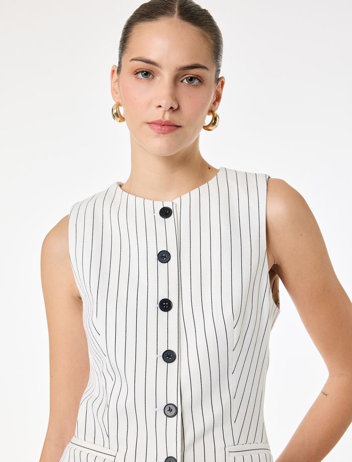  Cepli Bisiklet Yaka Düğmeli Viskon Karışımlı Çizgili Kolsuz Yelek