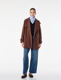 Uzun Kollu Cepli Düğmeli Kruvaze Kemerli Trençkot