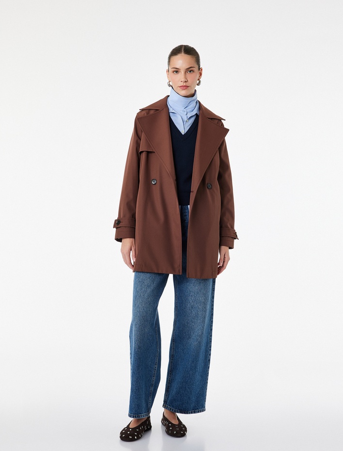  Uzun Kollu Cepli Düğmeli Kruvaze Kemerli Trençkot