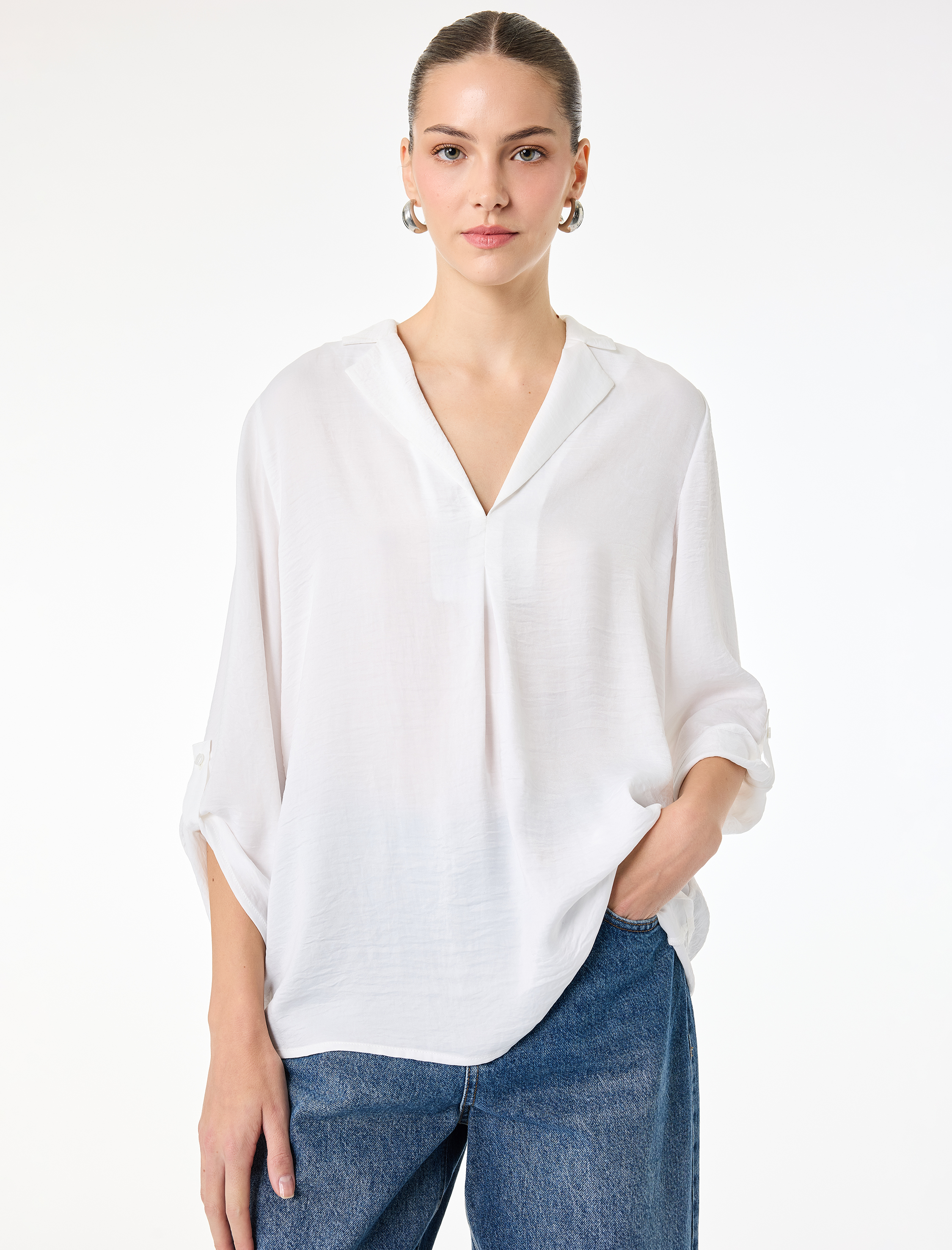   Aerobin Devrik Kaçık Yaka 3/4 Kol Saten Bluz