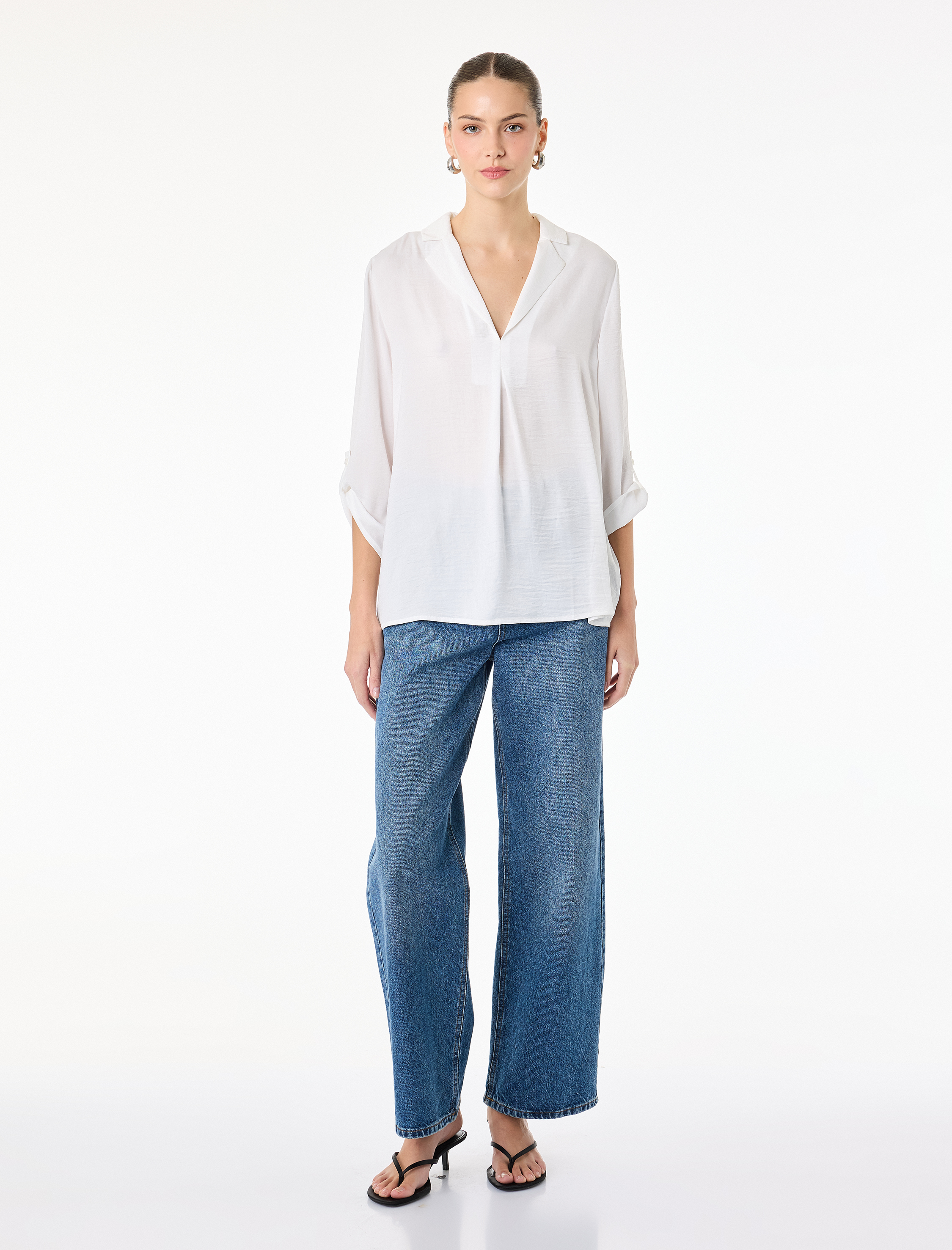   Aerobin Devrik Kaçık Yaka 3/4 Kol Saten Bluz