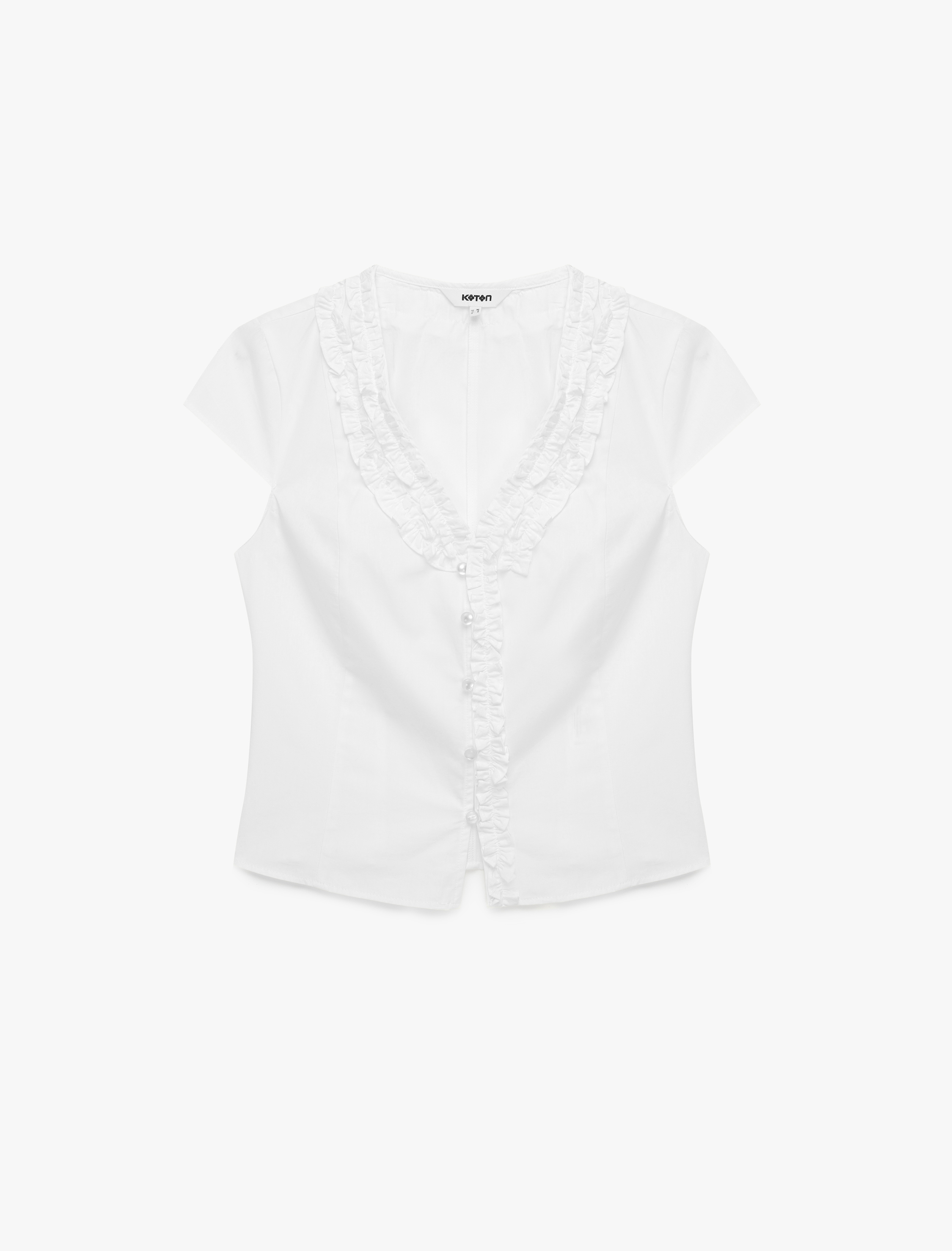 Pamuklu Slim Fit Kap Kol V Yaka Fırfırlı Poplin Gömlek - Görsel 3