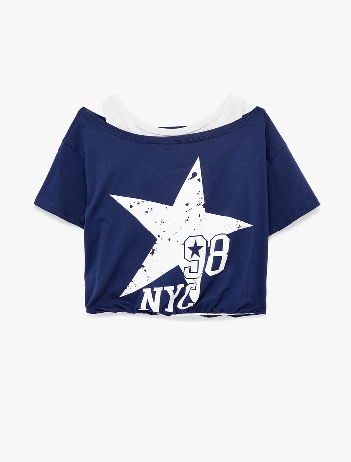  Rahat Kalıp Atlet Detaylı Omzu Açık Kısa Kollu Crop Baskılı Tişört