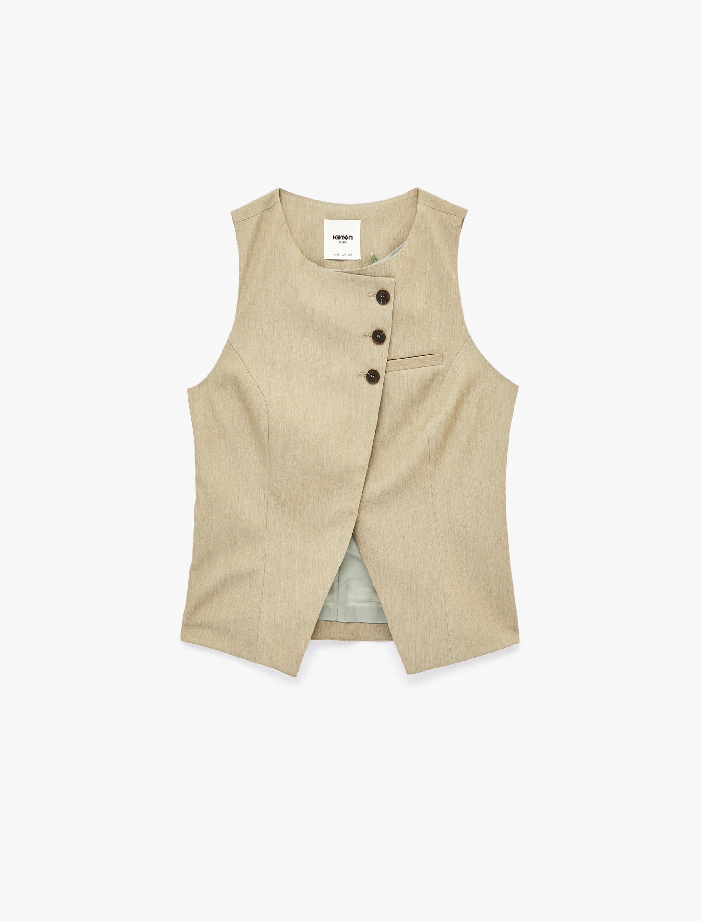   Asimetrik Kesim Düğme Detaylı Kolsuz Viskon Karışımlı Blazer Yelek