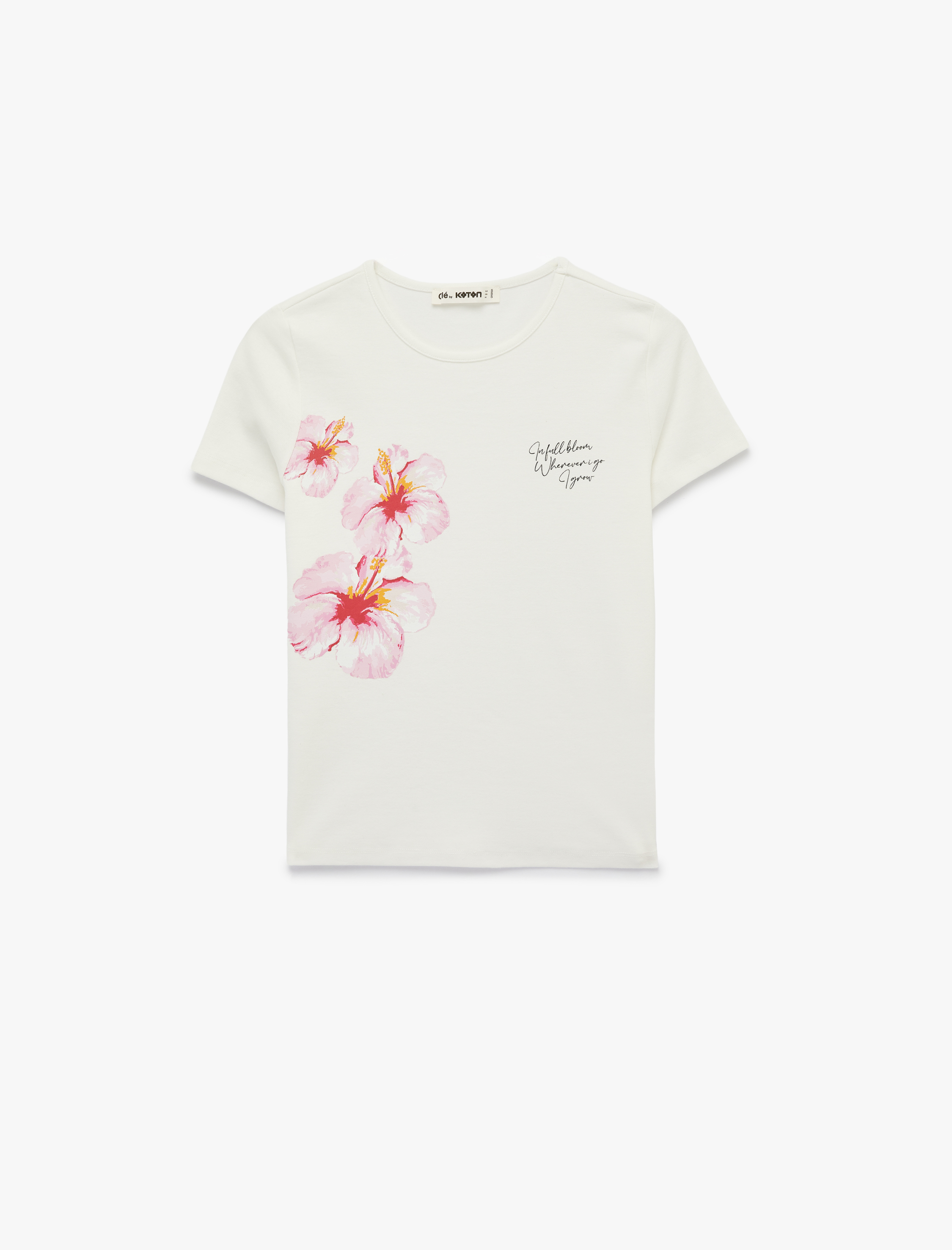   Slim Fit Kısa Kollu Bisiklet Yaka Pamuklu Hibiskus Baskılı Tişört