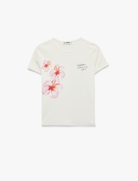 Slim Fit Kısa Kollu Bisiklet Yaka Pamuklu Hibiskus Baskılı Tişört