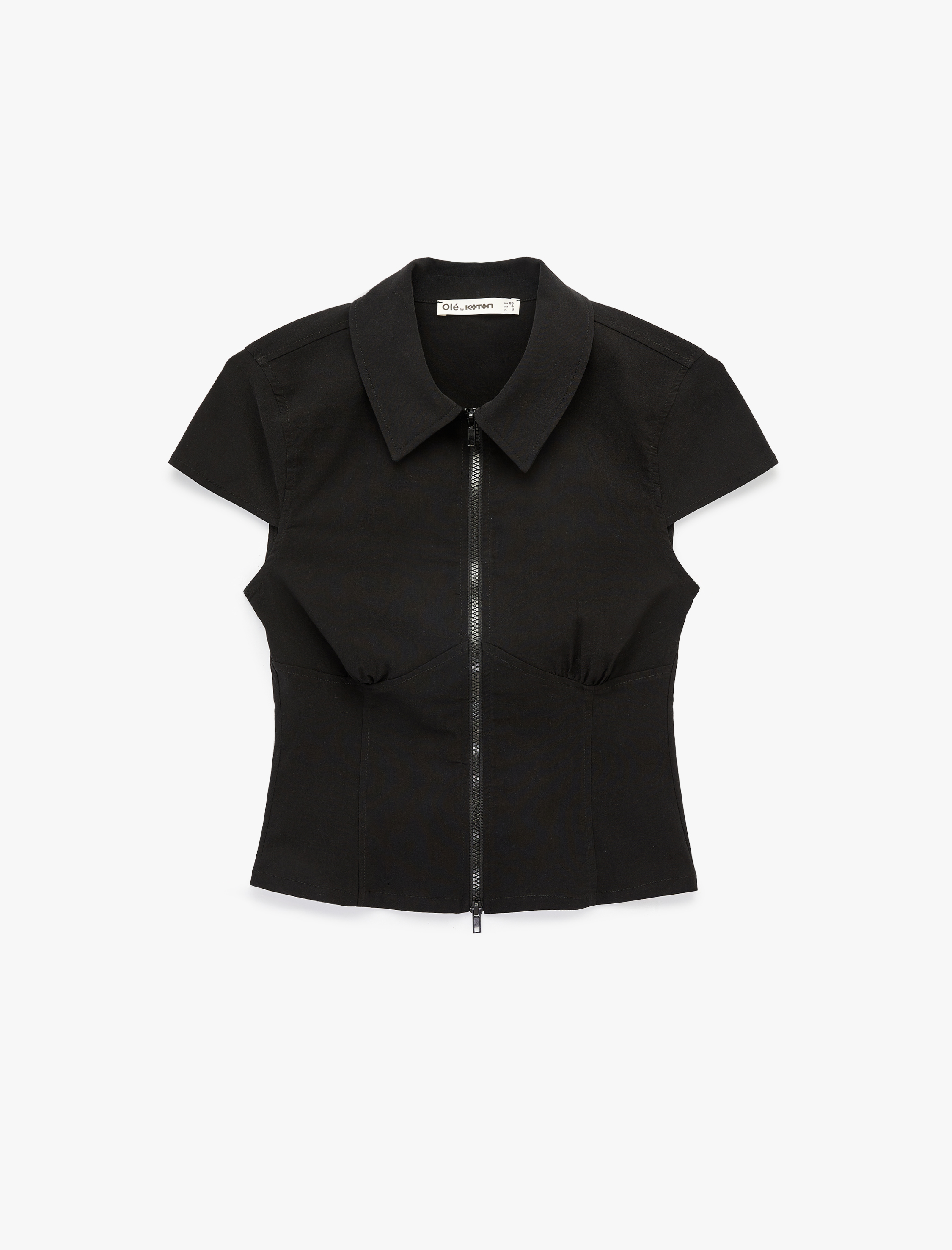   Slim Fit Kısa Kollu Klasik Yaka Fermuarlı Crop Gömlek