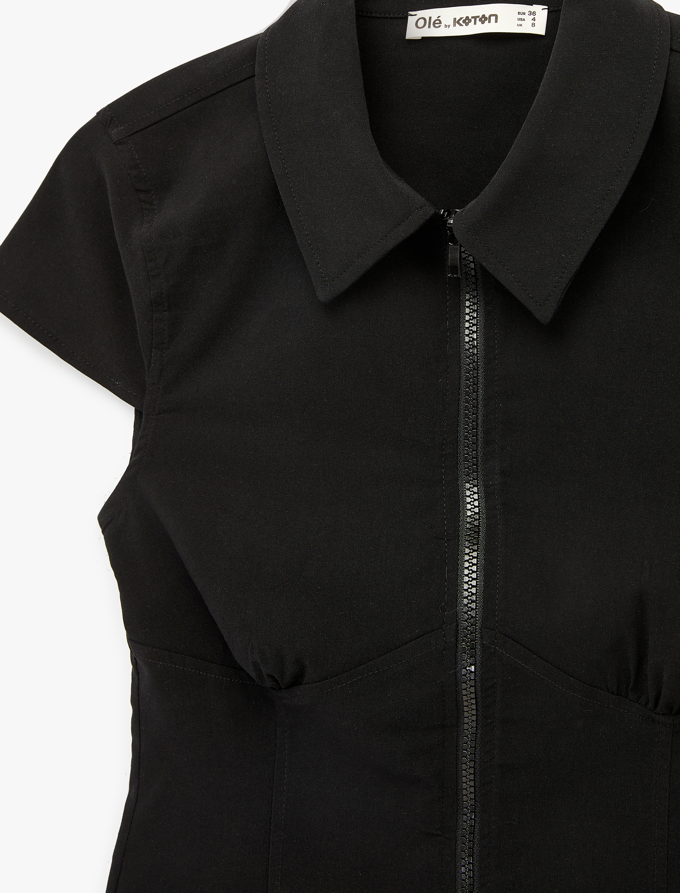   Slim Fit Kısa Kollu Klasik Yaka Fermuarlı Crop Gömlek