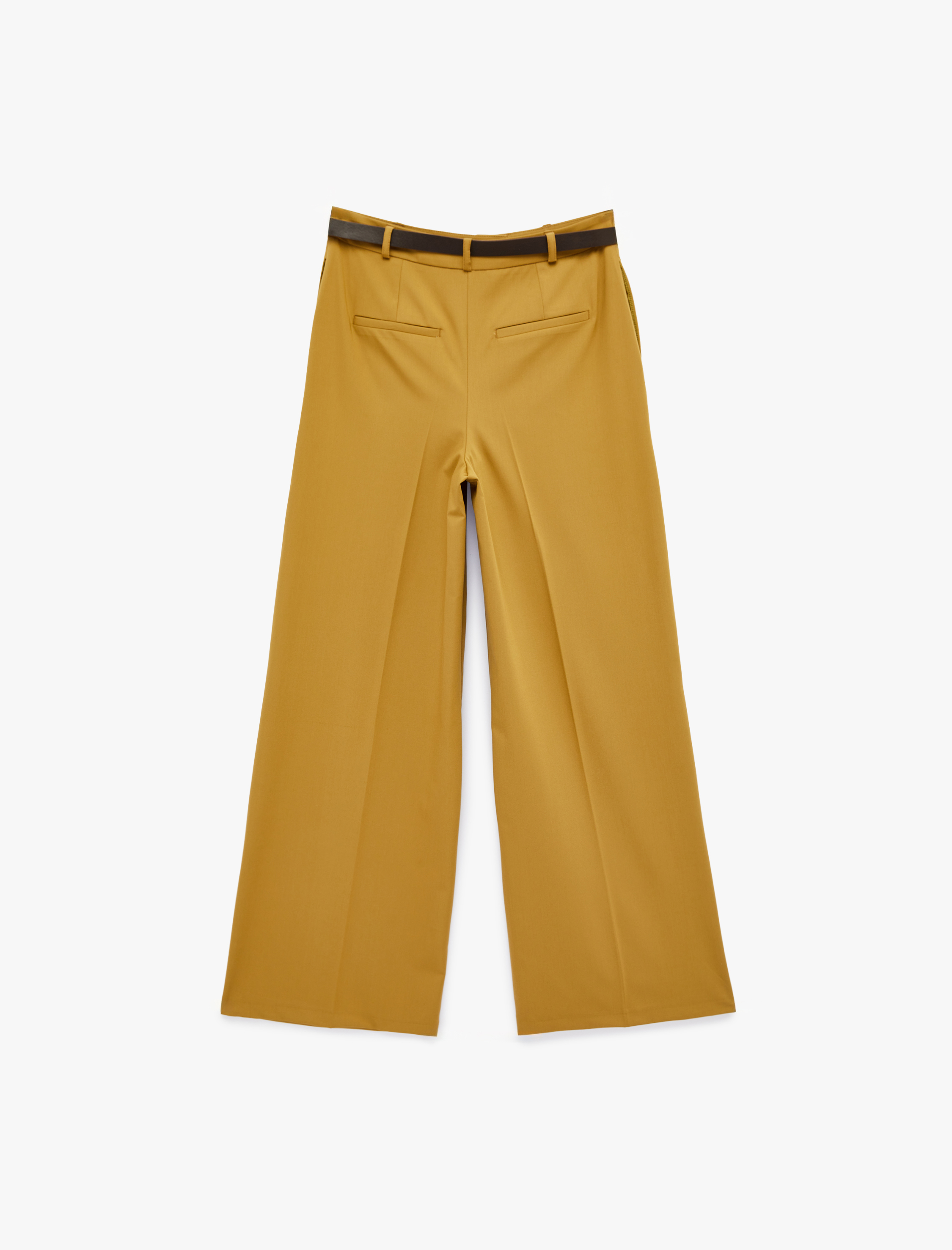   Yüksek Bel Cep Detaylı Kemerli Geniş Paça Kumaş Pantolon