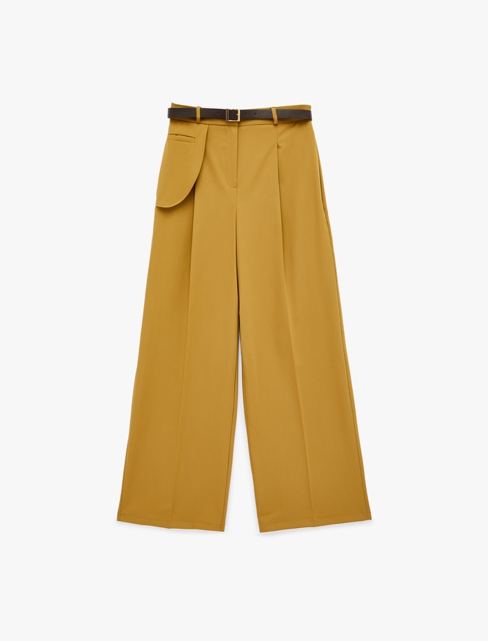  Yüksek Bel Cep Detaylı Kemerli Geniş Paça Kumaş Pantolon