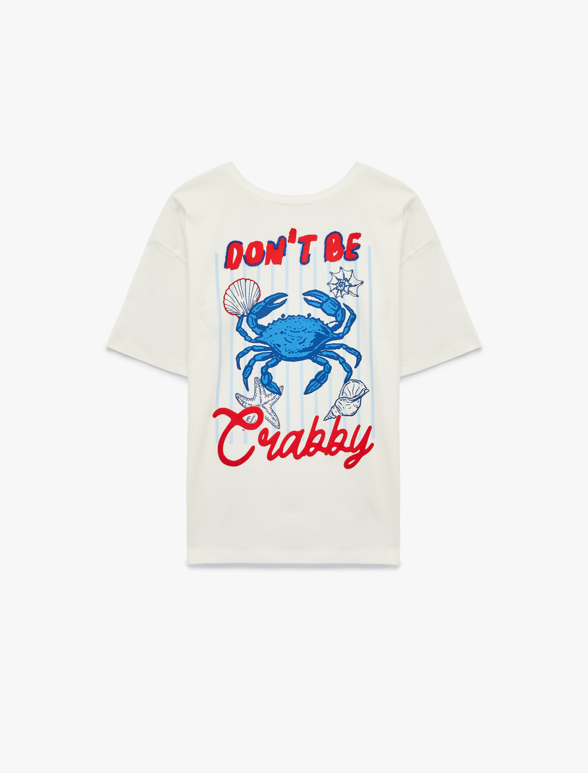   Rahat Kalıp Kısa Kollu Bisiklet Yaka Arkası Yengeç Baskılı Pamuklu Tişört