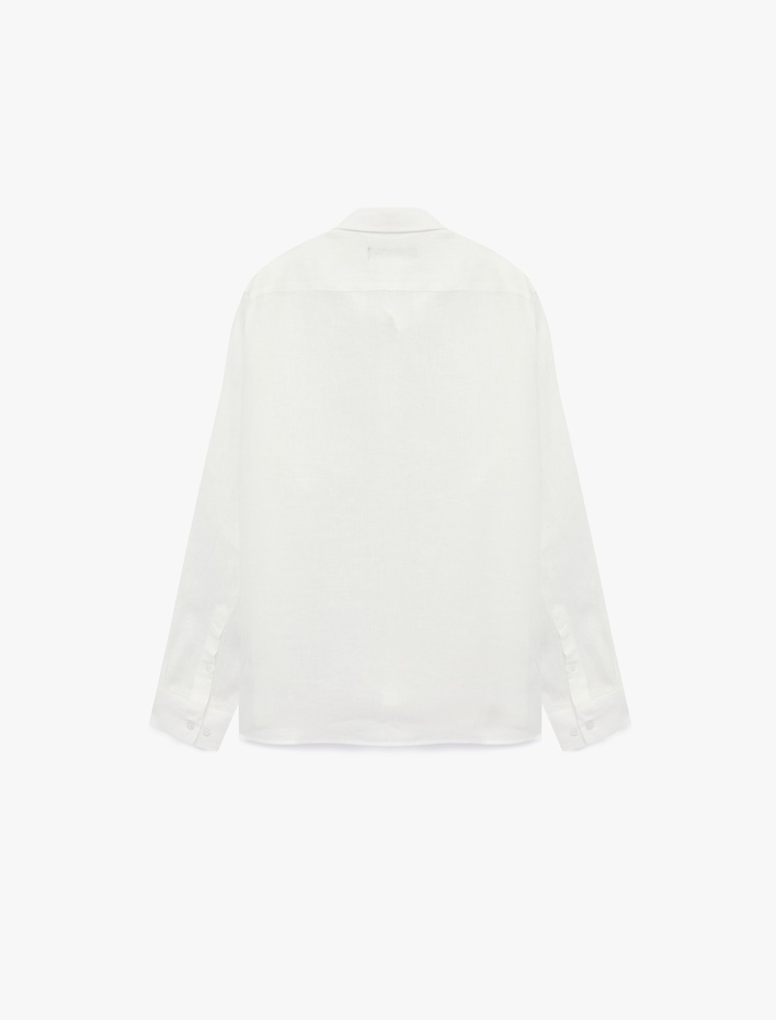  Regular Fit Düğmeli Yaka Uzun Kollu Keten Gömlek