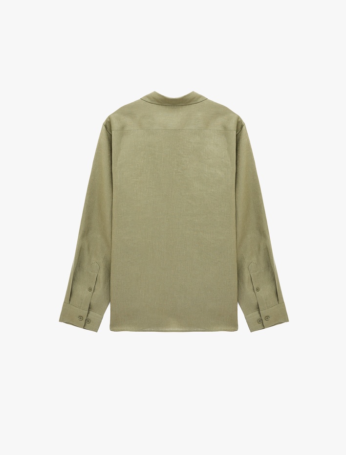  Regular Fit Düğmeli Yaka Uzun Kollu Keten Gömlek