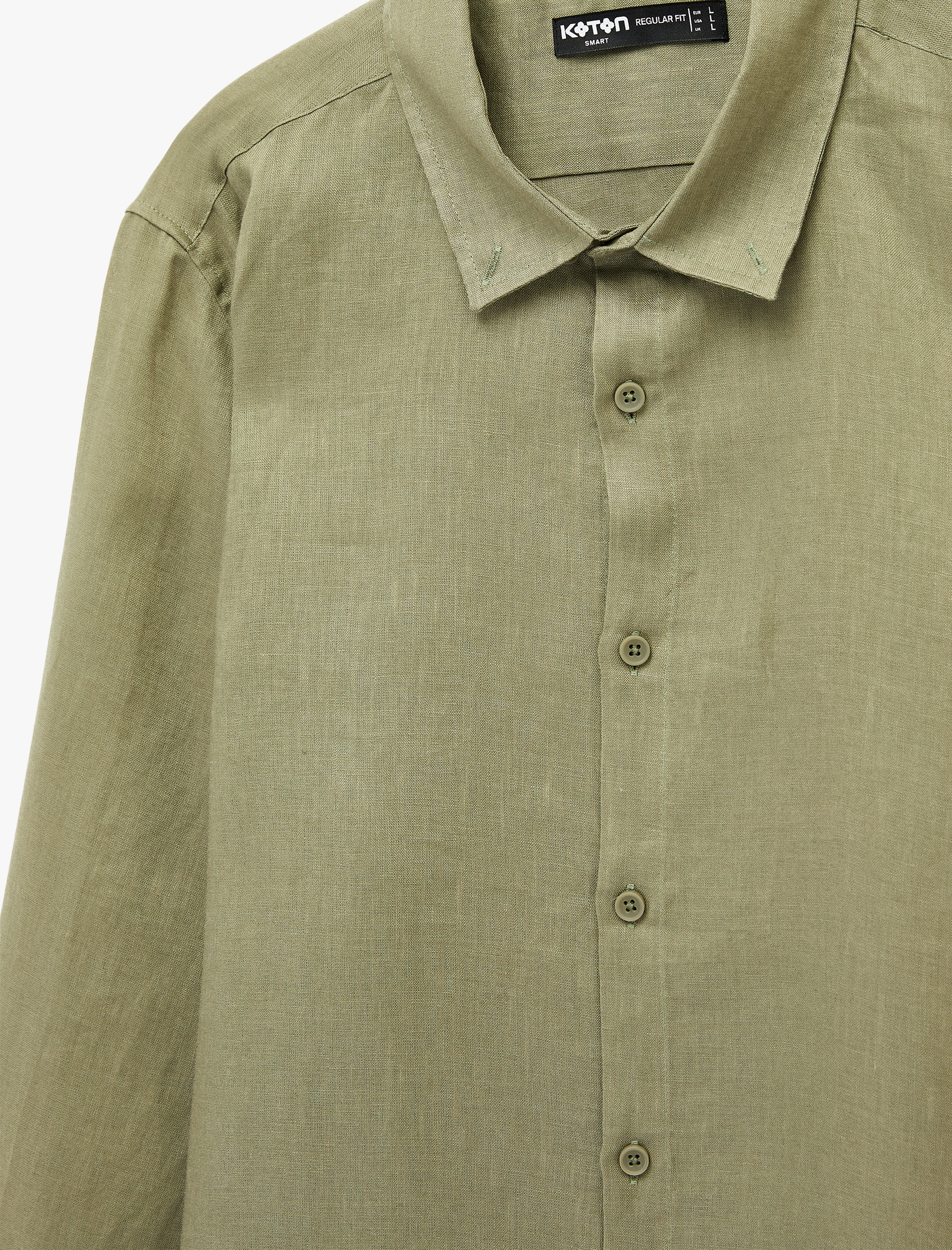   Regular Fit Düğmeli Yaka Uzun Kollu Keten Gömlek